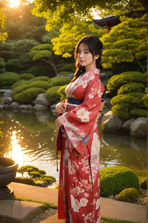 standing in a Japanese garden、Beautiful woman、Very large breasts、(looking at viewer)、nature、kimono、Japanese clothing、Details of the skin、real、Dim lighting、sunset