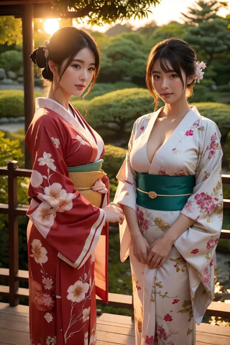 standing in a Japanese garden、Beautiful woman、Very large breasts、(looking at viewer)、nature、kimono、Japanese clothing、Details of the skin、real、Dim lighting、sunset