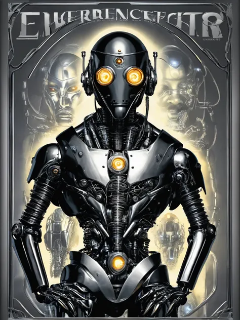 Cybernetic Revolutionaries, european male, magazine cover, poster art , Lovecraftian horror robot, bold huge text, matted design layout, strong, bold inking techniques, Metallic Silver and Gunmetal Gray: These colors are often used to represent the metalli...