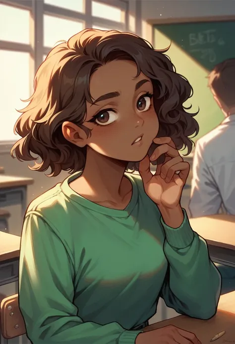 ((best qualityer)), ((work of art)), (detailded), 1 dark-skinned boy, short wavy hair, ssmile, brown dark eyes, green sweatshirt and jeans in a setting reminiscent of a classroom 