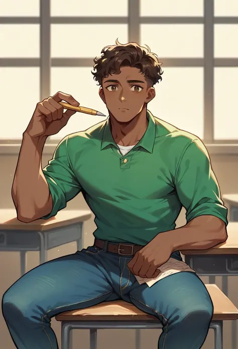 ((best qualityer)), ((work of art)), (detailded), 1 dark-skinned boy, short wavy hair, ssmile, brown dark eyes, green sweatshirt and jeans in a setting reminiscent of a classroom 