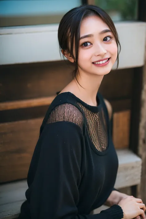 Ultra-high resolution,big eyes,((brown eyes)),Japanese,(forehead),(a girl),(1 girl),((17 years old)),(cute),pretty,((facing at viewer)),arms behind back,grin,(((black clothes)))