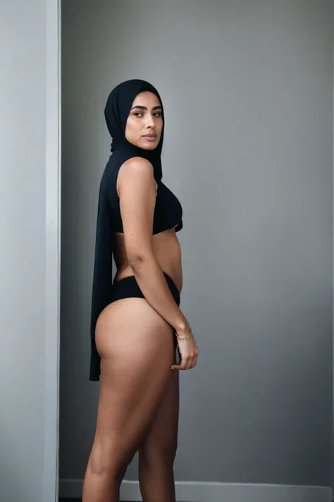 RAW photo,dark,moody,hazy atmosphere,35mm focal lenght,underexposed,cold,candid photograph,artistic,full body,photo of a beautiful,influencer,30yo Arab woman,hijab,detailed skin,naked, looking at viewer, chubby body structure,grey background,no background,...