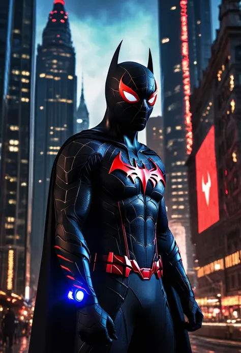 (Masterpiece artwork, 8K, uhd, high resolution: 1.4), (mix of Batman and Spider-Man: 1.3), (black costume with red and blue details: 1.2), (mask with glowing white eyes: 1.2), (spider symbol on chest, stylized with bat wings: 1.3), (flowing black cloak: 1....