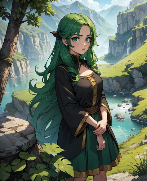 Costume, long hair, girl, big eyes, green mountains and green water,