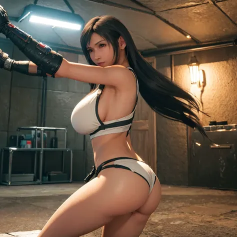 Tifa half naked, whole body, pose sensual, round ass, big breasts and light brown eyes. 8k, Best Quality, masterpiece 1.2