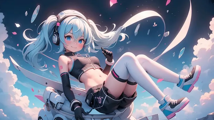 (masterpiece、Highest quality、Highest quality、Official Art、Beautiful and beautiful:1.2)、(One Girl:1.3)hatsune miku、Twin tails,Big Breasts,Yanhe, cry, One Girl, black gloves, black Shorts, black Knee socks, blue null, chest, chest apart, cable, cloud, cloudy...