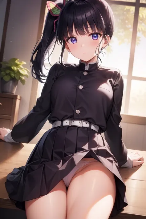 Kanao Tsuyuri, Kanao Tsuyuri, black hair, butterfly, butterfly hair ornament, (purple eyes:1.1), side ponytail, ponytail, NFV,
BREAK black skirt, e.g, Demon Slayer Uniform, long sleeves, pleated skirt, skirt, white e.g,
BREAK looking at viewer,
BREAK indoo...