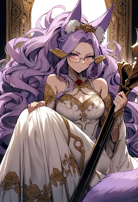 adult  woman, with lilac hair with light purple highlights, big hair, Eyeglasses, a fantasy world setting , discreet fox ears on top of head, a fox tail, vestimentas, white dress with rose embroidery, flowers, Sheets, a serious expression, but friendly. I...