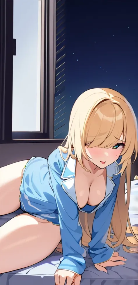 (masterpiece, best quality:1.2), 1girl, sitting in a bed, blonde, long hair, horny, blue pajamas，blue pajamas short bottoms, sexy pose, open legs
