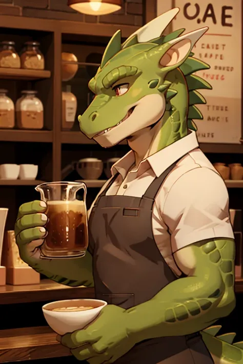 Lithe lizardman cafe worker, holding a pitcher, 7/8th profile view 