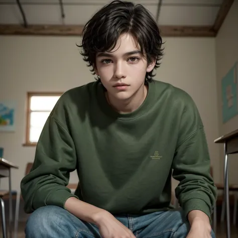 ((best qualityer)), ((work of art)), (detailded), 1 boy with slightly light dark skin, short wavy hair, brown dark eyes, green sweatshirt and jeans in a setting reminiscent of a classroom 