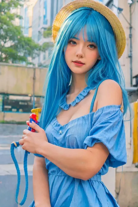 anime girl with blue hair wearing a straw hat and a blue dress, artwork in the style of guweiz, beautiful anime portrait, guweiz, beautiful anime girl, beautiful anime style, anime girl with teal hair, anime style. 8k, in the art style of bowater, beautifu...