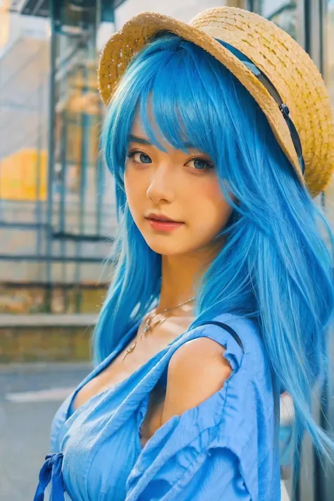 anime girl with blue hair wearing a straw hat and a blue dress, artwork in the style of guweiz, beautiful anime portrait, guweiz, beautiful anime girl, beautiful anime style, anime girl with teal hair, anime style. 8k, in the art style of bowater, beautifu...