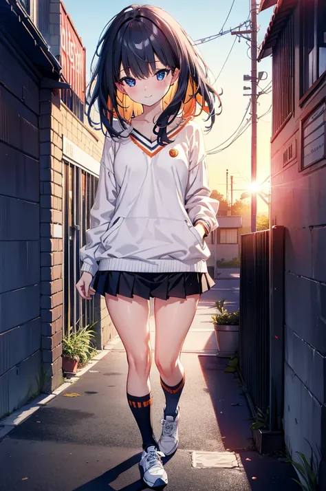 Rikka body, Affluent backstreets, Black Hair, blue eyes, Long Hair, orange Scrunchie, Scrunchie, wrist Scrunchie,happy smile, smile, Open your mouth,blush,Oversized red one-shoulder sweater,mini skirt,Black knee socks,short boots,Walking,So that the whole ...