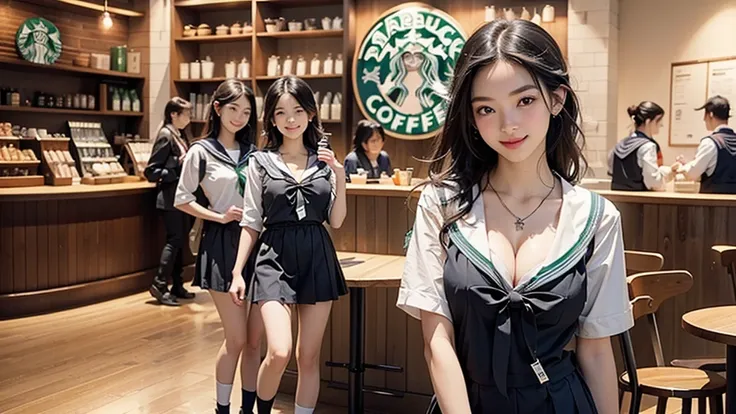 8K、RAW Photos、Highest quality、Super detailed、Super Resolution、Ultra HD、8K壁紙、Amazing details
(((Inside the Starbucks store、16 year old high school girl in sailor suit)))、Eat cake、Drink coffee、smile、Heart Necklace((Emphasize cleavage))
(Full body photo)
