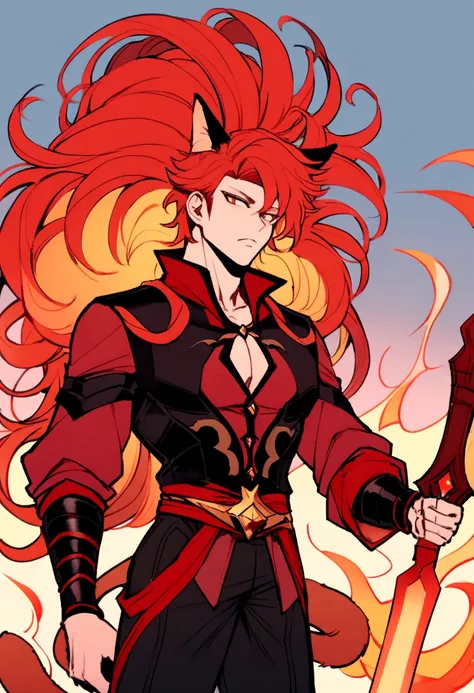 original, adult man, with red hair, orange highlights, big hair, cat ears on top of head, a feline tail, vestimentas, sobretudo vermelho por cima de uma  vestimentas branca, black adventurer pants, a sword behind your back, Scarlet Flames in his left hand