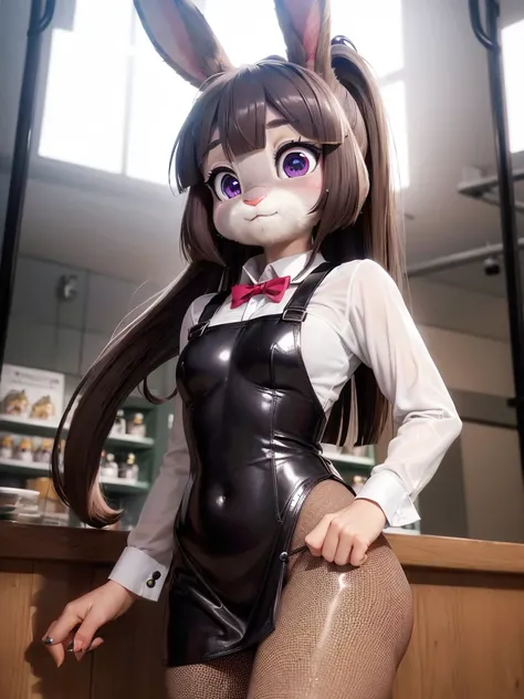 Highest quality, masterpiece, Ultra-realistic, Super detailed, Beautiful details, 4K, 8K, Photo realistic, Realistic lighting.

upper body shot,
Looking at Viewer, Looking at Camera,
((at konbini)), konbini clerk, at midnight, 

((Anthropomorphic rabbit)),...