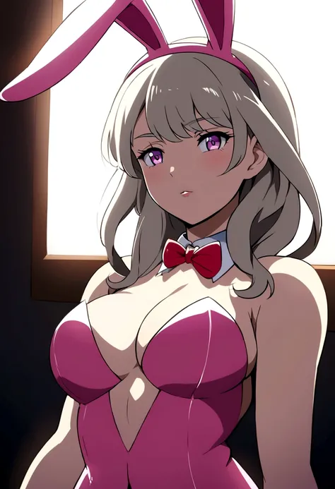 anime style , a beautiful woman, perfect female face, in a bunny suit