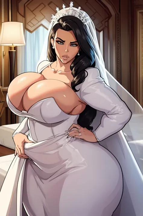 Hollywood Celebrity Kim Kardashian, Kim Kardashian, huge breasts, big ass, wearing bride dress, waiting for you inside in luxury bride honeymoon room, kim kardashian wants you so much badly face expression