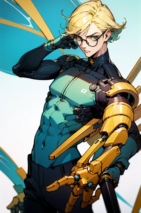 boy, blond, bob hairstyle, turquoise eyes, White shirt, black trousers, round glasses with yellow lenses, black anatomically correct mechanical arm implants