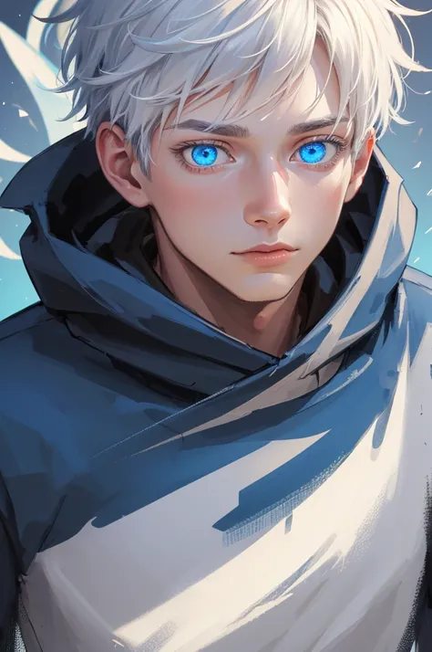 (highly detailed:1.3), solo, 1boy,  upper body, hoodie ,(blue eyes:1.2), glowing eyes, (white hair),
Ultra-detail,(highres:1.1),best quality,(masterpiece:1.3),cinematic lighting,
(detailed face and eyes:1.3),