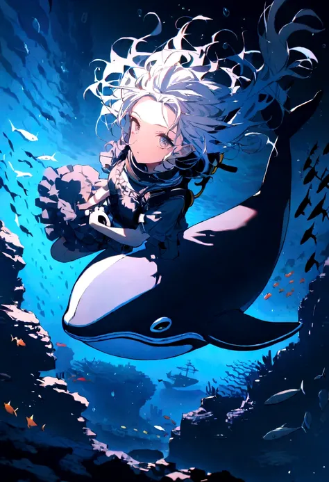 (Masterpiece, Best Quality, ultra detailed, best shadow), (beautiful detailed face:1.3),(Alone), (family_friendly:0.8),High contrast, ultra high resolution,(1 girl under the deep sea:1.6),(dive and pet a whale:1.3),whole body, Swimsuit,refract light from a...