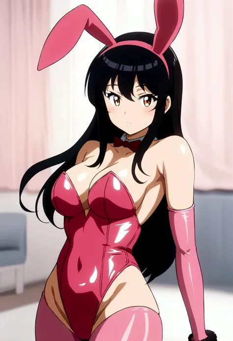 anime style , blur filter, a woman, female face, in a bunny suit