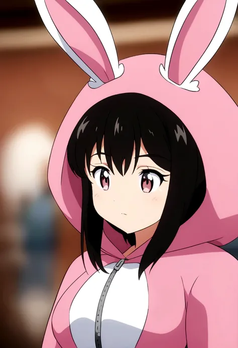 anime style , blur filter, a woman, female face, in a bunny suit