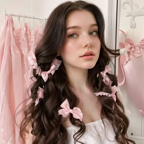 there is a woman with long hair and a white dress, wearing a pink hair bow, ribbon in her hair, pigtails hairstyle, with long curly hair, giant pink curls, beautiful dolphin, Anna Nikonova aka Newmilky, using hair bow, cute aesthetic with flutter, with lon...