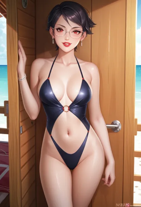 score_9_up, score_8_up, score_7_up, 1girl, solo, mature female, sarada, looking at viewer, black short hair, red eyes, red lips,...