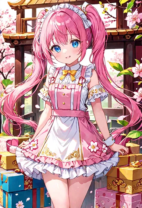 16K，2D Girl，Long hair with flowing light（1:1.5），Sakura Pink White Eye Leaf Hair Accessory（1:1.25），A white and pale yellow color-blocked skirt Chinese dress，（There is a pudding-like decoration on the top left of the box.），White suspenders（（There is a gold m...