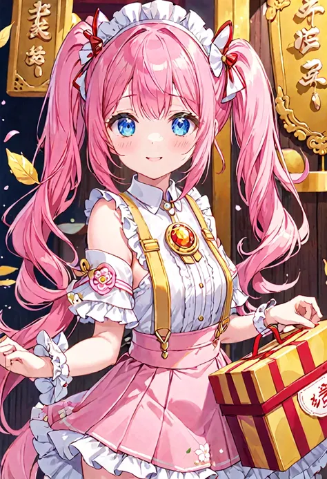 16K，2D Girl，Long hair with flowing light（1:1.5），Sakura Pink White Eye Leaf Hair Accessory（1:1.25），A white and pale yellow color-blocked skirt Chinese dress，（There is a pudding-like decoration on the top left of the box.），White suspenders（（There is a gold m...