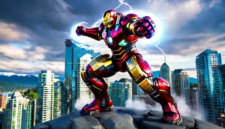 Hulkbuster ready for battle, Downtown Vancouver, high-quality artwork, realistic style, vibrant colors, detailed metal armor, glowing white arc reactor, intense lighting, cityscape background, heroic pose, dramatic shadows, black red and yellow suit, repul...