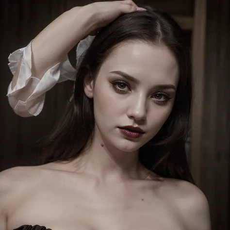 beautiful, pale skin, photorealistic, sensual bikini, dark lips, gothic girl, old detailed face