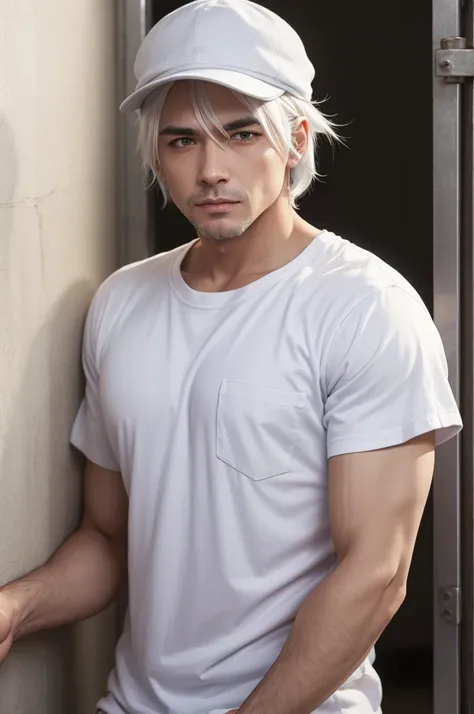 Male character with backwards cap and white hair in a prison shirt 