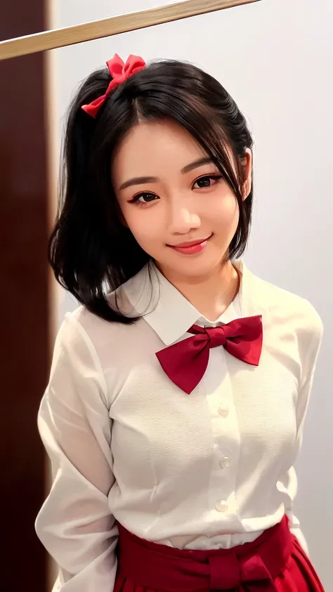 (1 woman:1.99)、(Wide forehead、Very short hair、Very small amount of hair、Forehead、Fuji frame:1.1)、Very sunburned、Gal、17 years old、Naughty、Happy expression、満面のsmile、Weakness、I feel very comfortable alone、(Japanese high school girls uniform、red bow tie),((Ver...