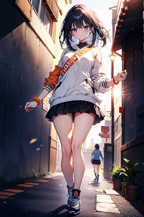 Rikka body, Affluent backstreets, Black Hair, blue eyes, Long Hair, orange Scrunchie, Scrunchie, wrist Scrunchie,happy smile, smile, Open your mouth,blush,Oversized red one-shoulder sweater,mini skirt,short boots,Walking,So that the whole body goes into th...