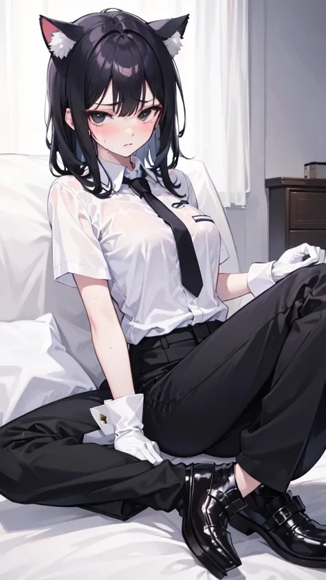 18-year-old Shota，cute，Wear a white short-sleeved shirt and a black work tie，Wear black pants，Wear black booties，Wear white gloves，wear cat ear，Black hair，Black eyes，Handsome，Disdainful and cold expression，shy，blush，Sweating，porn，Is giving sexual assault