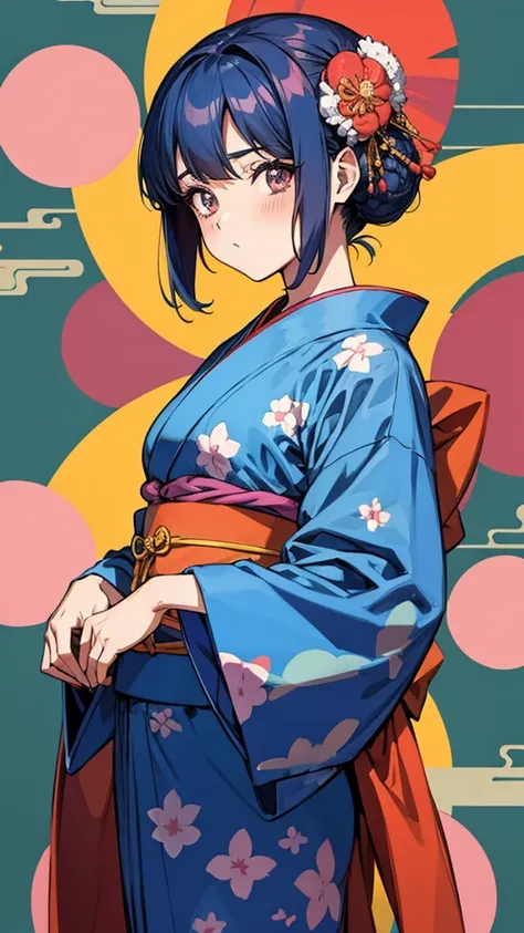 Retro anime style Showa girl kimono boz hair Japanese style background