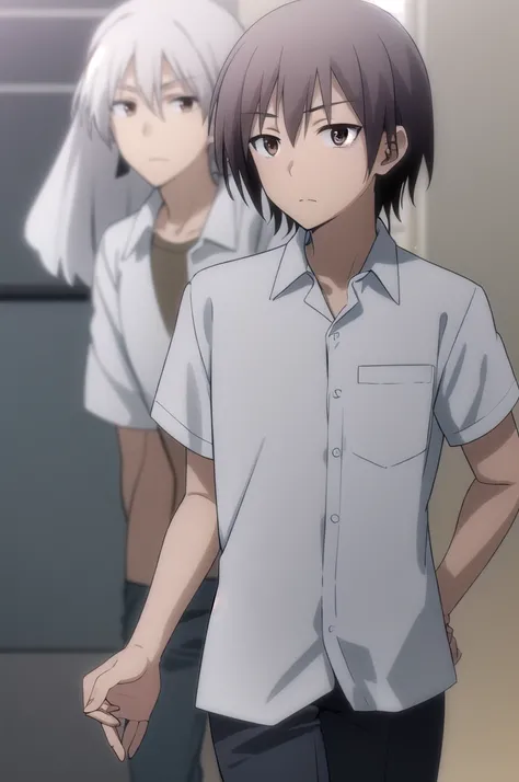 ayumuaikawa, ayumu aikawa, short hair, Grey Hair, (Brown eyes:1.3), Male Focus,
break short hair, shirt, white shirt, collared shirt, pants,
break indoors, classroom,
break looking at viewer, (Cowboy Shot:1.5),
break (masterpiece:1.2), Highest quality, Hig...