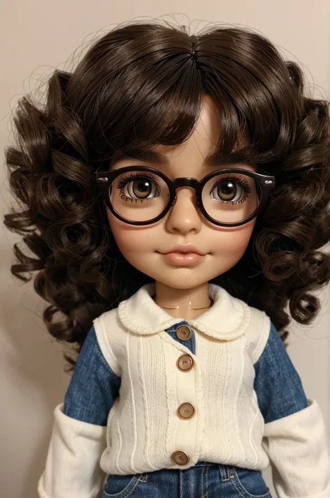 blythe doll: Curly, thick, dark hair, light brown skin, with glasses, big brown eyes, with cute makeup, with glasses, round face and dimples