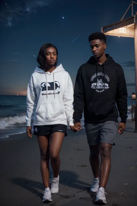 there are handsome boys and beautiful black girls 
holding hands while wearing a hoodie,
mens hoodies say "soban", womens hoodies say "sekar". 
night beach background.3d animation