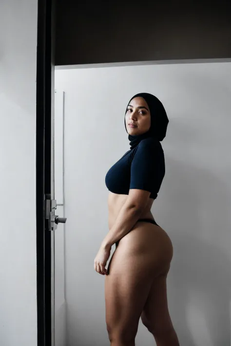 RAW photo,dark,moody,hazy atmosphere,35mm focal lenght,underexposed,cold,candid photograph,artistic,full body,photo of a beautiful,influencer,30yo Moroccan woman,hijab,detailed skin,fully naked, looking at viewer, chubby body structure,grey background,no b...