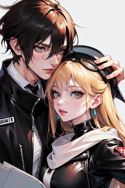 (tall man, (man is taller than me woman) messy black-haired man wearing a sexy pilot space outfit.),(a thin woman, long blonde hair, green eyes, wearing sexy pilot outfit) best quality, adorable, ultra-detailed, illustration, complex, detailed, extremely d...