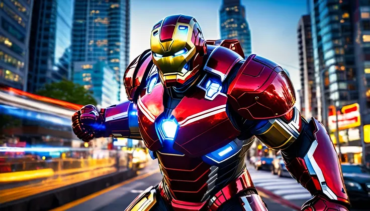 Hulkbuster ready for battle, Downtown Vancouver, high-quality artwork, realistic style, vibrant colors, detailed metal armor, glowing white arc reactor, intense lighting, cityscape background, heroic pose, dramatic shadows, black suit with red stripe highl...