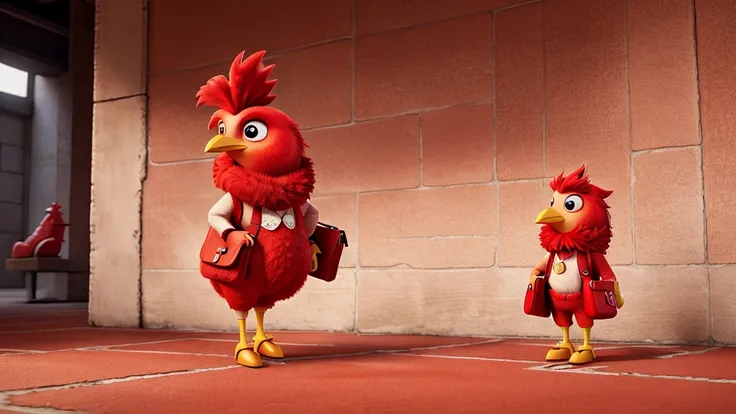 A chicken wearing red stilettos and holding a red pocketbook.