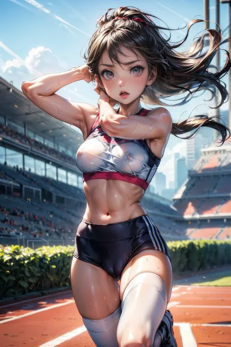 Photo of a 20 year old woman, Perfect Face, masterpiece, good, Sports bra,Racing Bloomers、good,  Dynamic Perspective、Run at full speed、Sweat flying、Serious face、Run towards the viewer、Track and Field、Nipples、Pussy Cameltoe