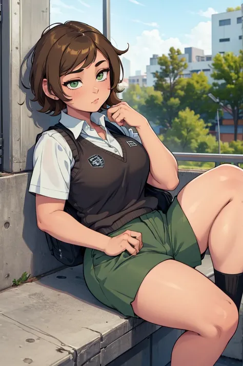 cute young chubby girl with short brown hair, Gray-green eyes, thick ass and legs, tiny breast size, school form, school trousers, school shirt and vest, only one girl