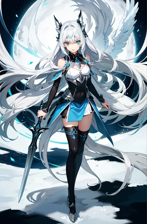 long silver hair，girl with crystal blue eyes，He was wearing tights that looked like battle uniforms..，Parts such as wrists and knees are made of hard armor.、.，No expression，There is no emotion in the eyes，extremely cold，Light and dark backgrounds，long whit...